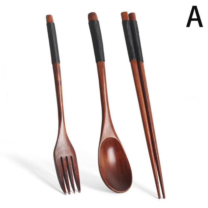 3-Piece Korean Style Wooden Dinnerware Set, Creative Colorful Wooden Spoon Set, Solid Wood Long-Handled Couple Spoons and Chopsticks, Portable Dinnerware - Image 1